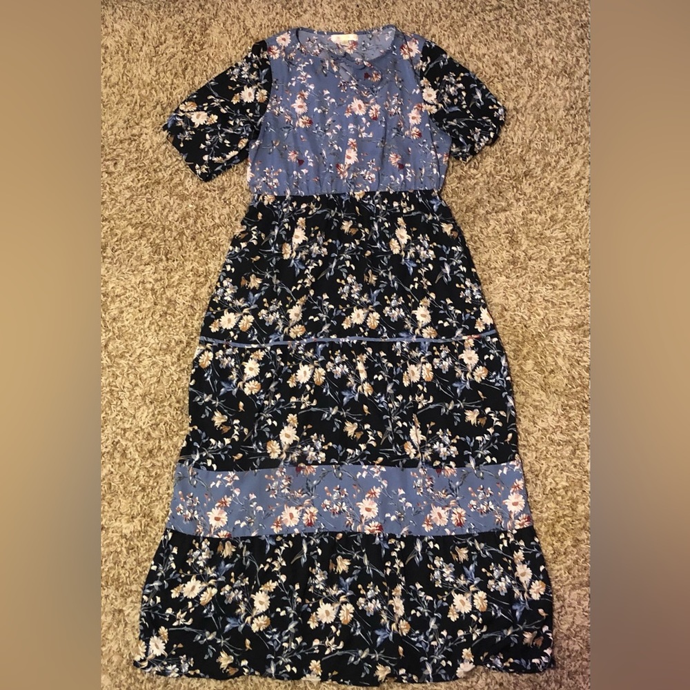 extra long dress, beautiful light and dark floral mix match